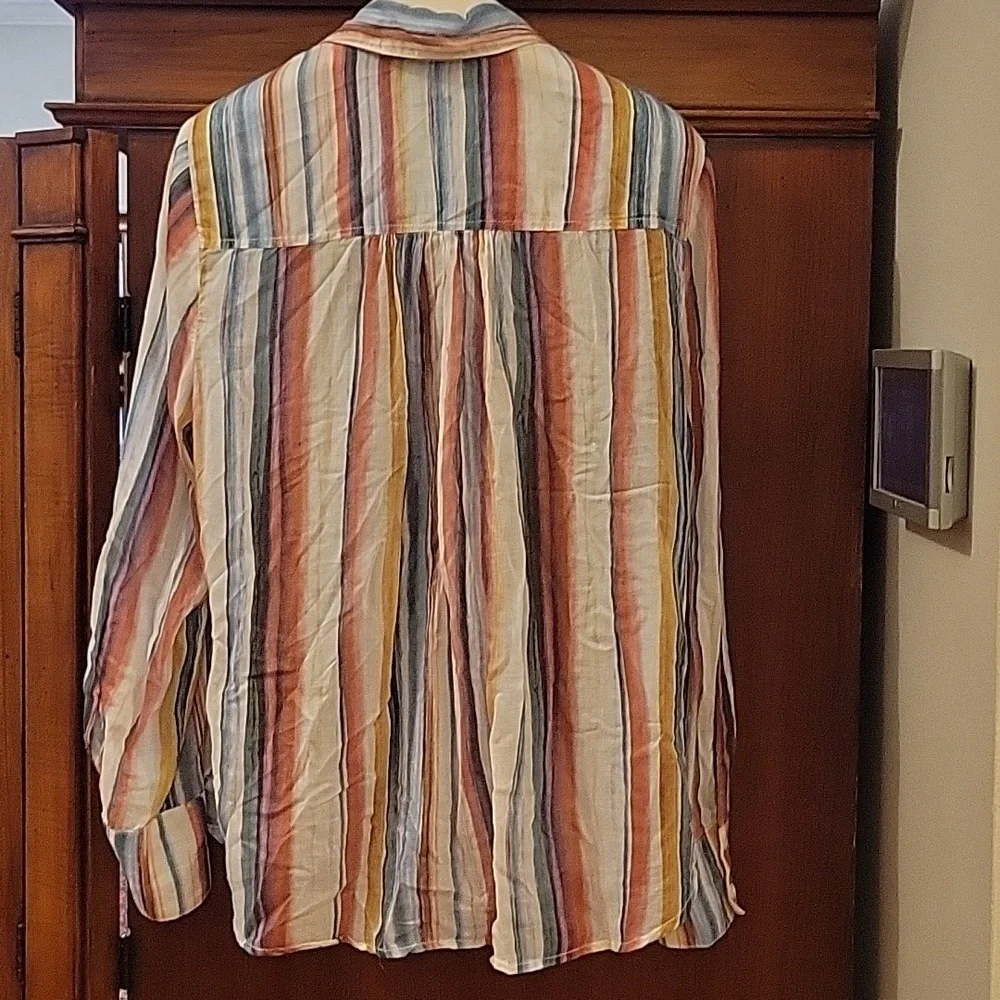 Bella Dahl | Colorful Striped Button Down Long Sleeve Blouse 100% Rayon - Size L - Picture 6 of 10